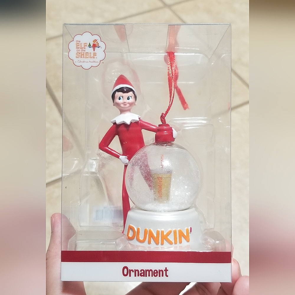 Dunkin Donuts Elf on Shelf Boy Snow Globe Christmas Ornament